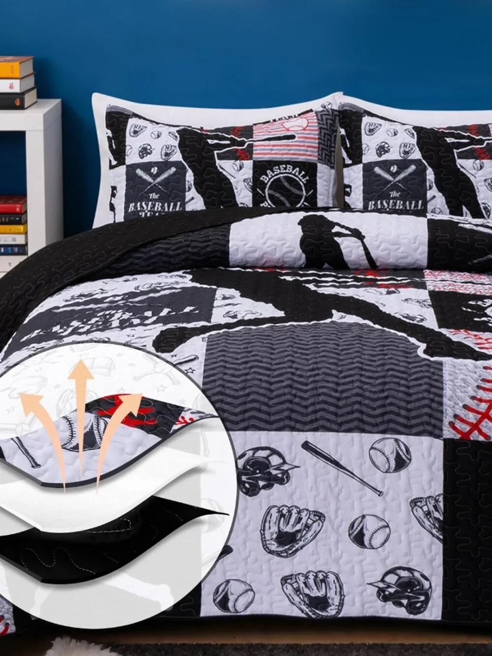 Kids Quilt Set Twin Size Sports Geometric Grid Black Patchwork Baseball Printed
